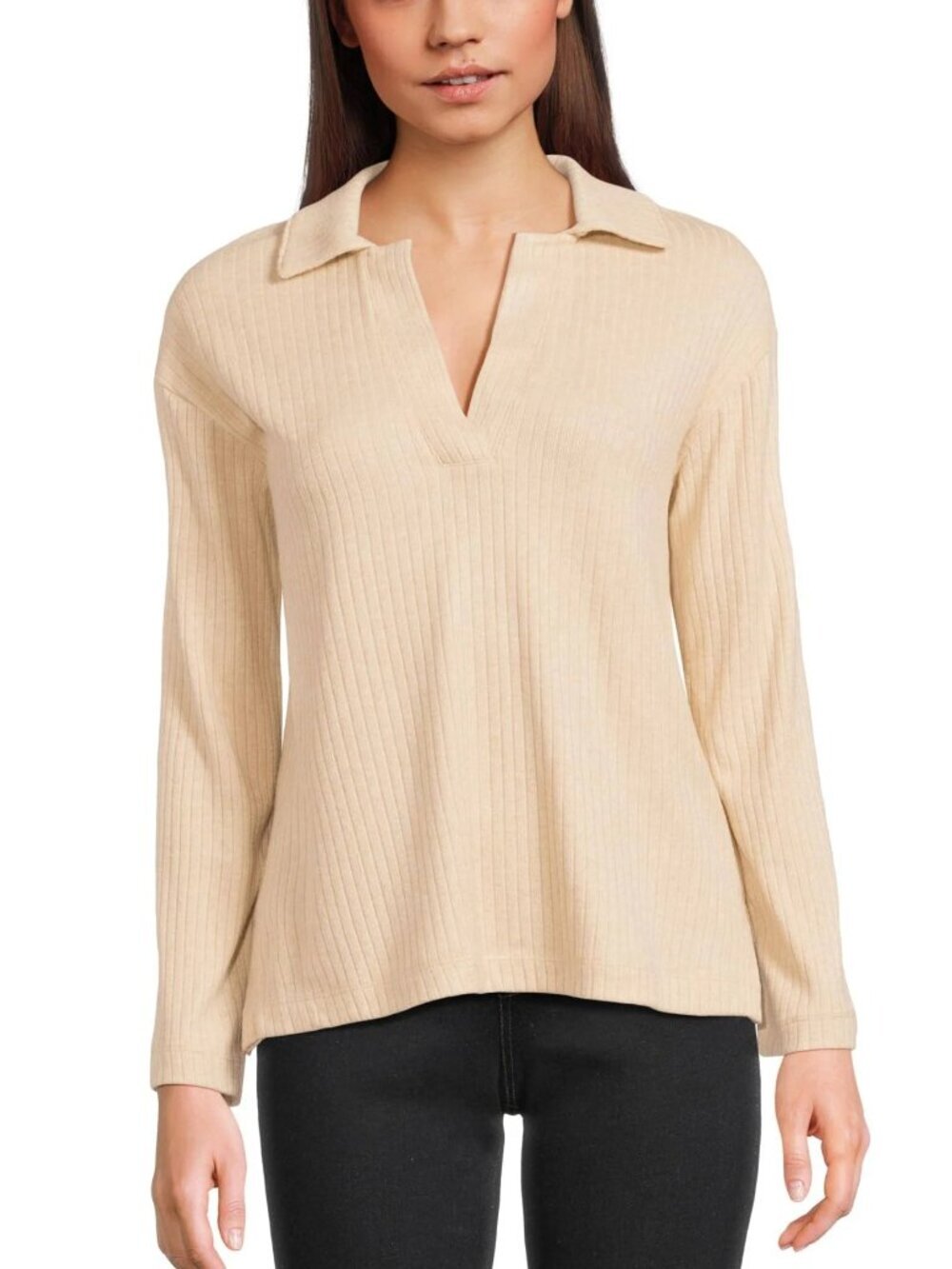 Madewell Sweater Womens Large Beige Ribbed Knit Collared Pullover Long Sleeve